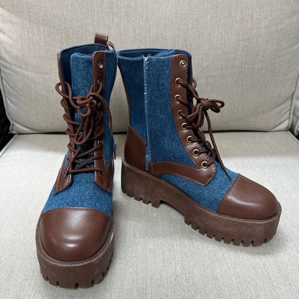 Size 8 Denim and Brown Platform Boots